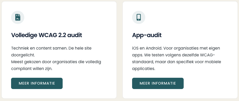 Twee kolommen met informatie over een volledige WCAG audit en een app-audit