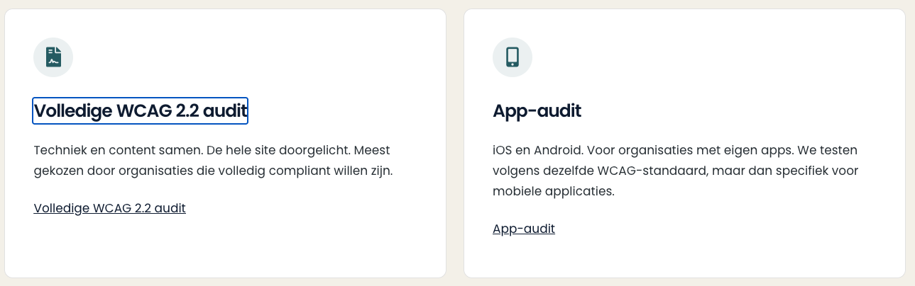 Twee blokjes met informatie over een volledige WCAG 2.2 audit en een app-audit. De volledige audit heeft focus