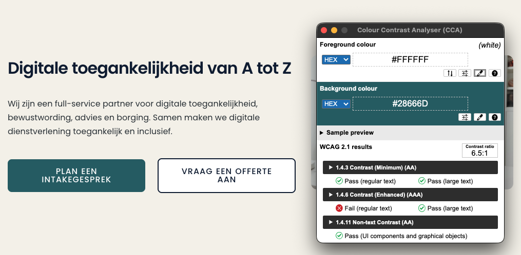 Twee knoppen en de Color contrast Analyser