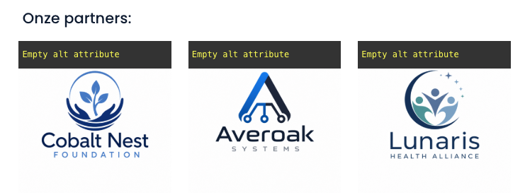 De drie logo's met een visueel lege alternatieve tekst