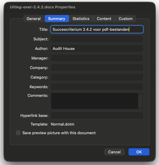 De instellingen in Word voor het voorzien van een titel