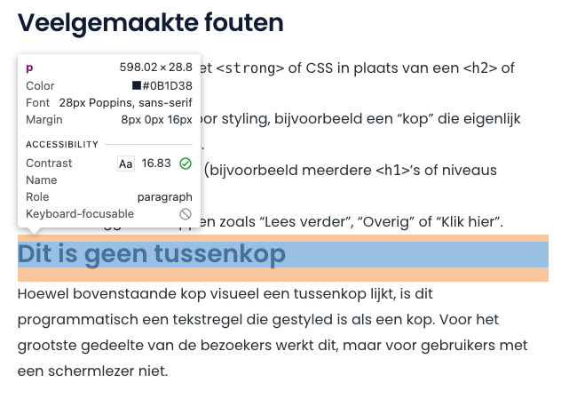 Code voorbeeld van Google Chrome devtools waaruit blijkt dat het een paragraaf is