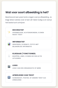 Schermafbeelding van het startscherm van de Alt-tekst Keuzehulp met de vraag 'Wat voor soort afbeelding is het?' en vijf keuzemogelijkheden.