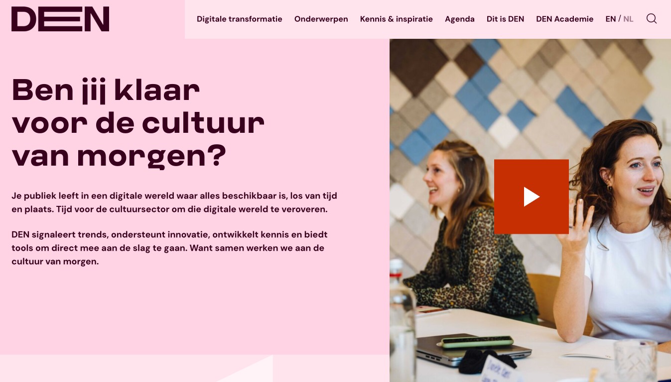 Hoofdpagina van DEN met een video met een play knop