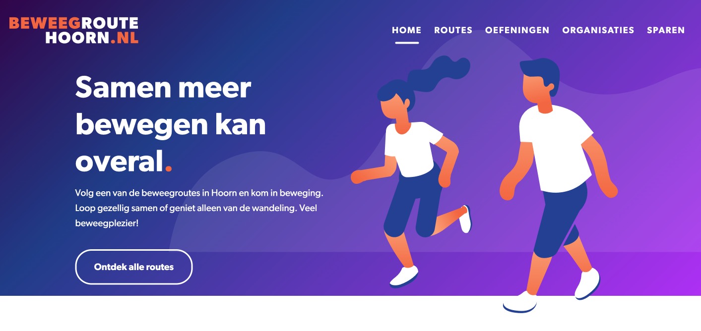 Homepagina van Hoorn Beweegt met een kop, informatie en illustratie