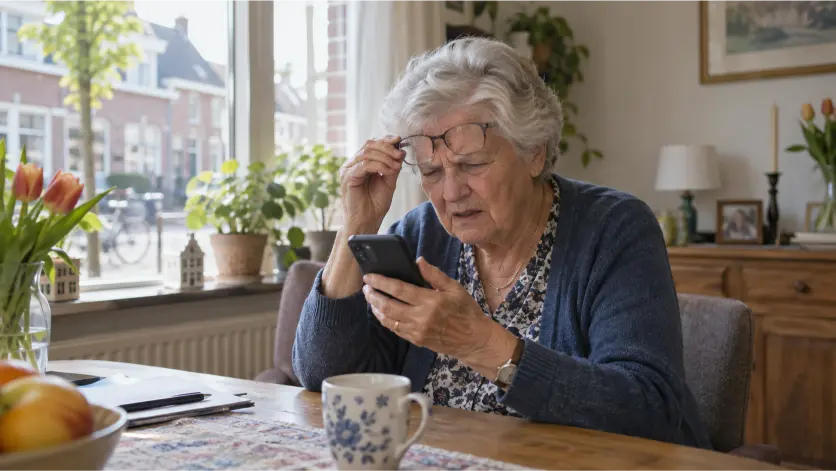 Een oudere Nederlandse vrouw probeert het scherm van haar telefoon te lezen, zichtbaar gefrustreerd
